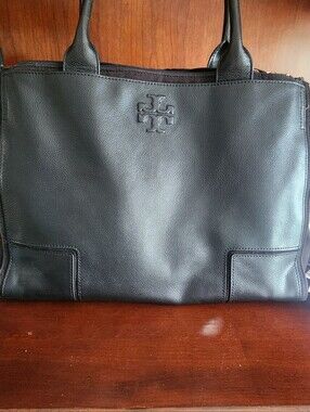 Tory Burch Black Leather Tote with Embossed Logo